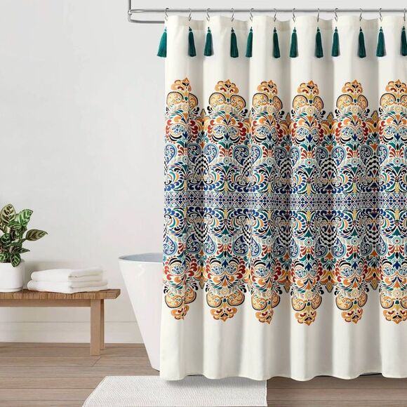 72"x72" Boho Medallion Shower Curtain Turquoise/Ta Turquoise/Tangerine - Picture 1 of 4